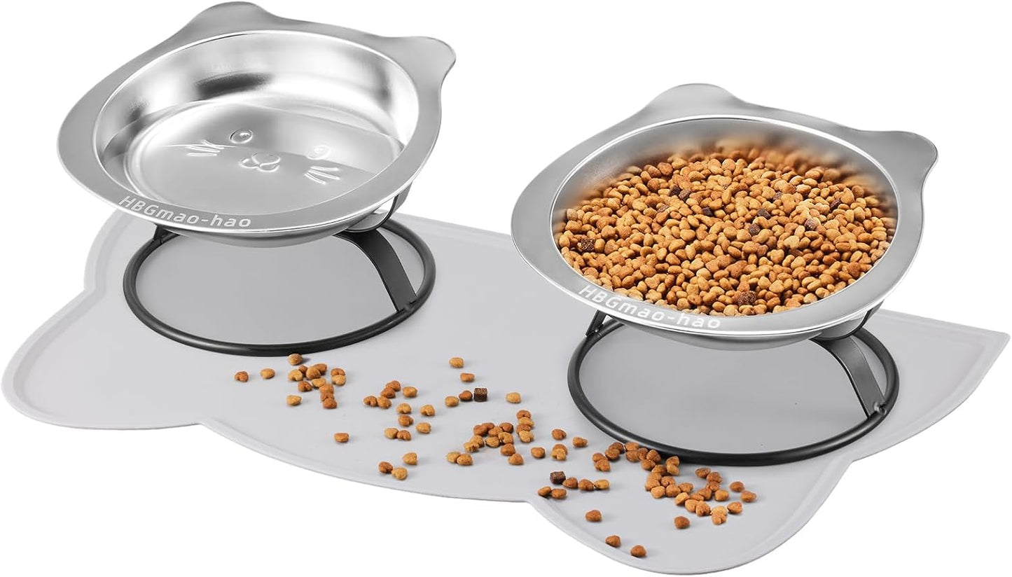 Elevated Cat Bowls with Non-Slip Mat - 7.1" Wide Whisker Friendly Dishes, Neck Stress-Free, Raised Stainless Steel Bowls for Flat-Faced/Senior Cats & Small Dogs, Indoor/Travel Use, 2-Pack