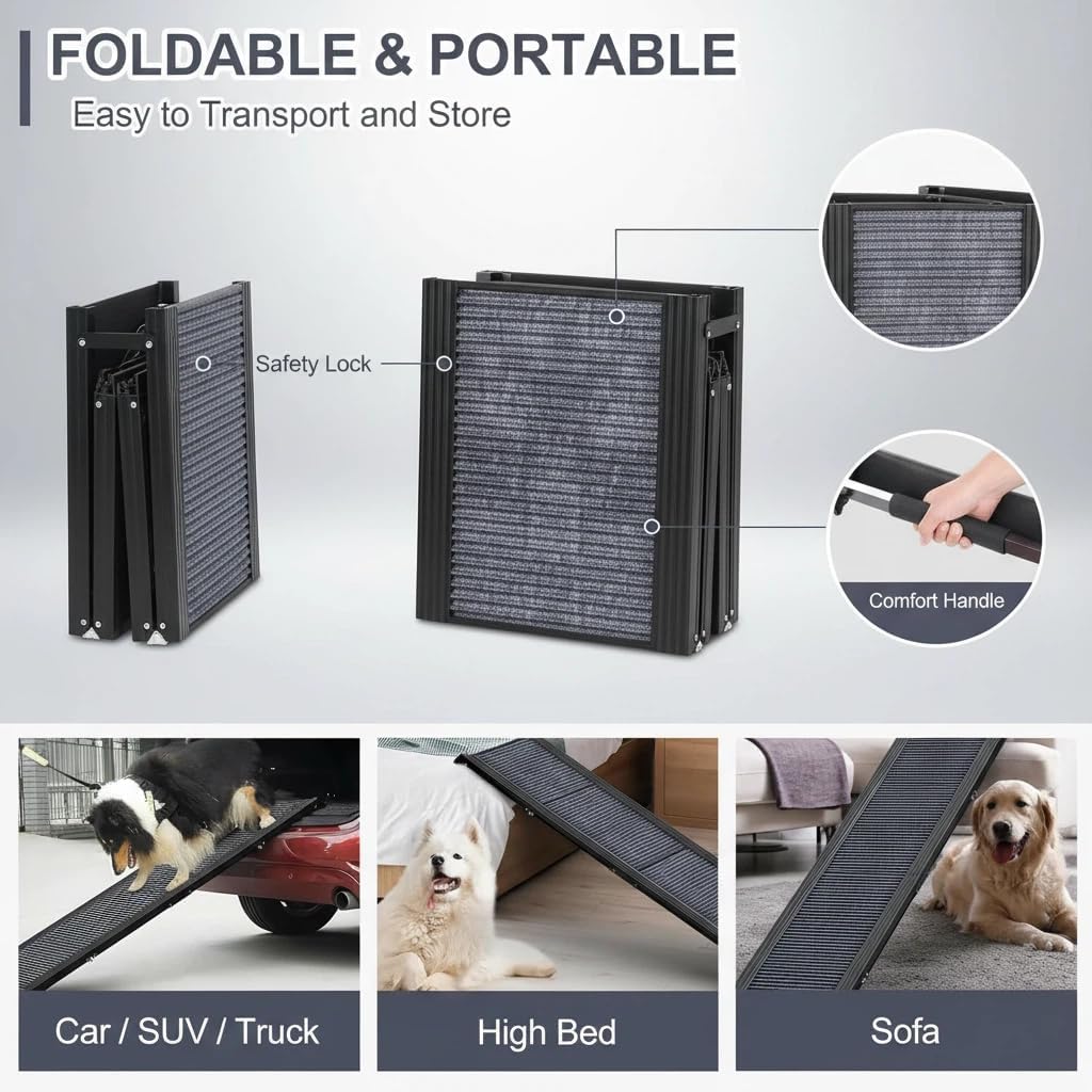 Dog Ramp for Car, Folding Pet Ramp with Comfortable Carpet Surface, Holds Up to 250lbs, Non-Slip 63" Portable Large Dog Stairs for Bed, SUV & Truck
