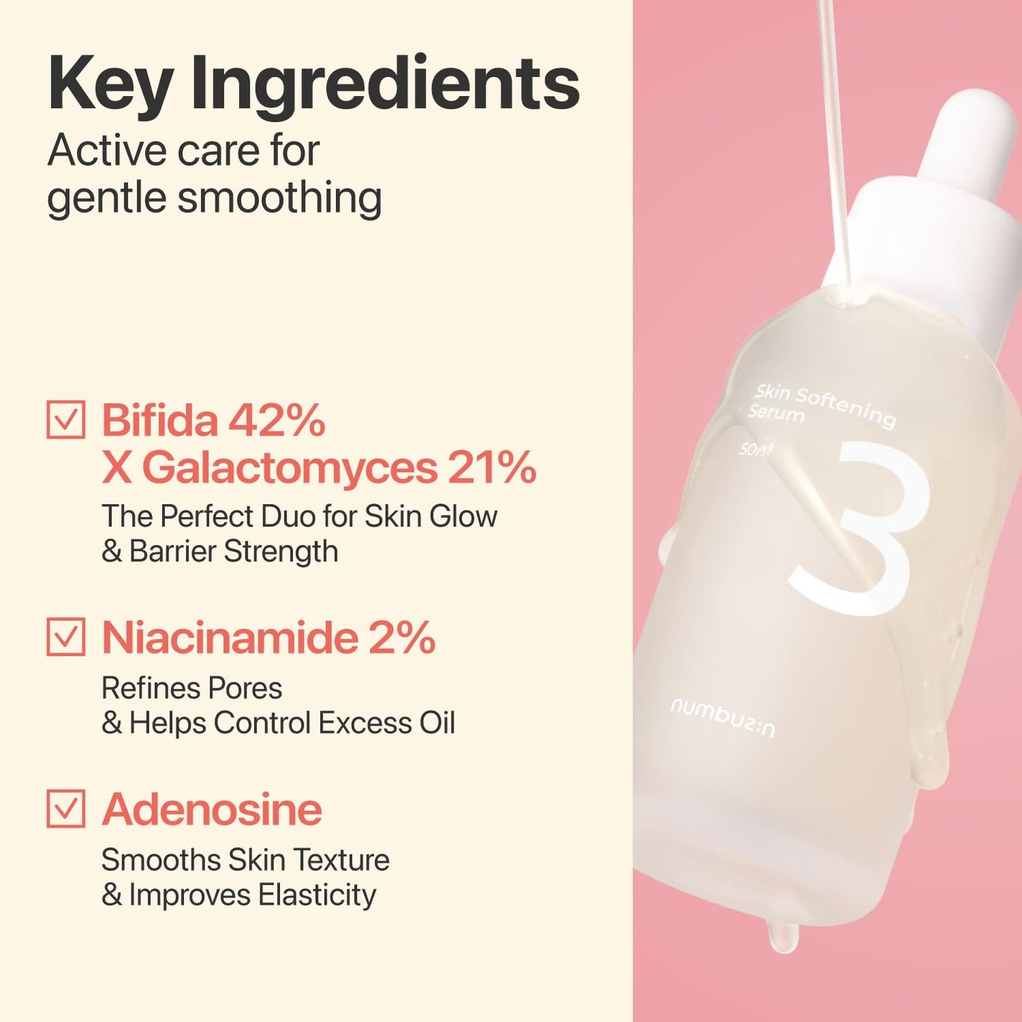 numbuzin No.3 Skin Softening Serum, Fermented Serum for Skin Texture & Pores, Bifida & Galactomyces, Niacinamide, Adenosine, Panthenol, Fragrance-Free, 1.69 fl oz (50ml)
