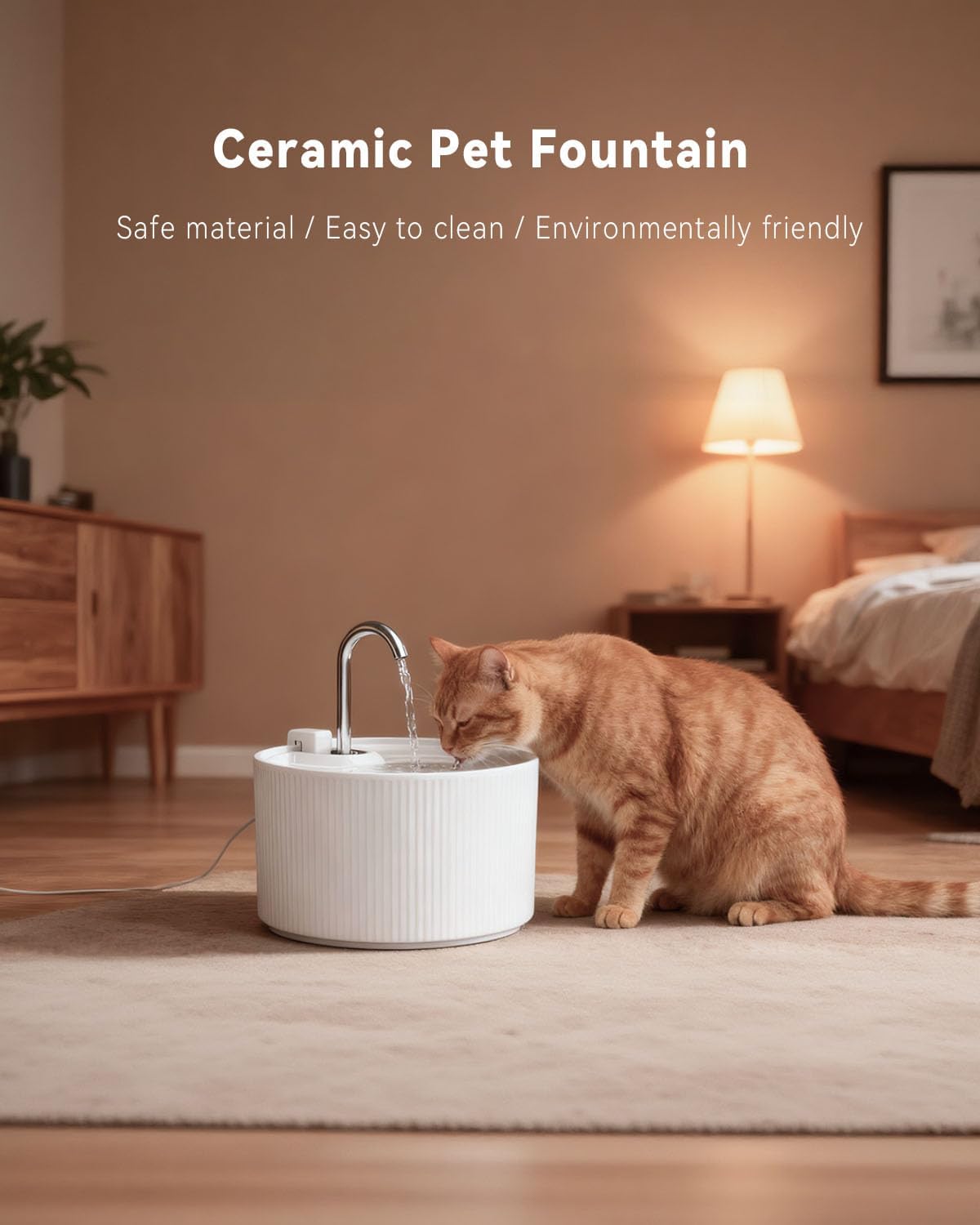 Ceramic Cat Water Fountain, 2.2L/74oz Cat Fountains for Drinking Indoor, Pet Water Fountain with Ultra-Quiet Pump