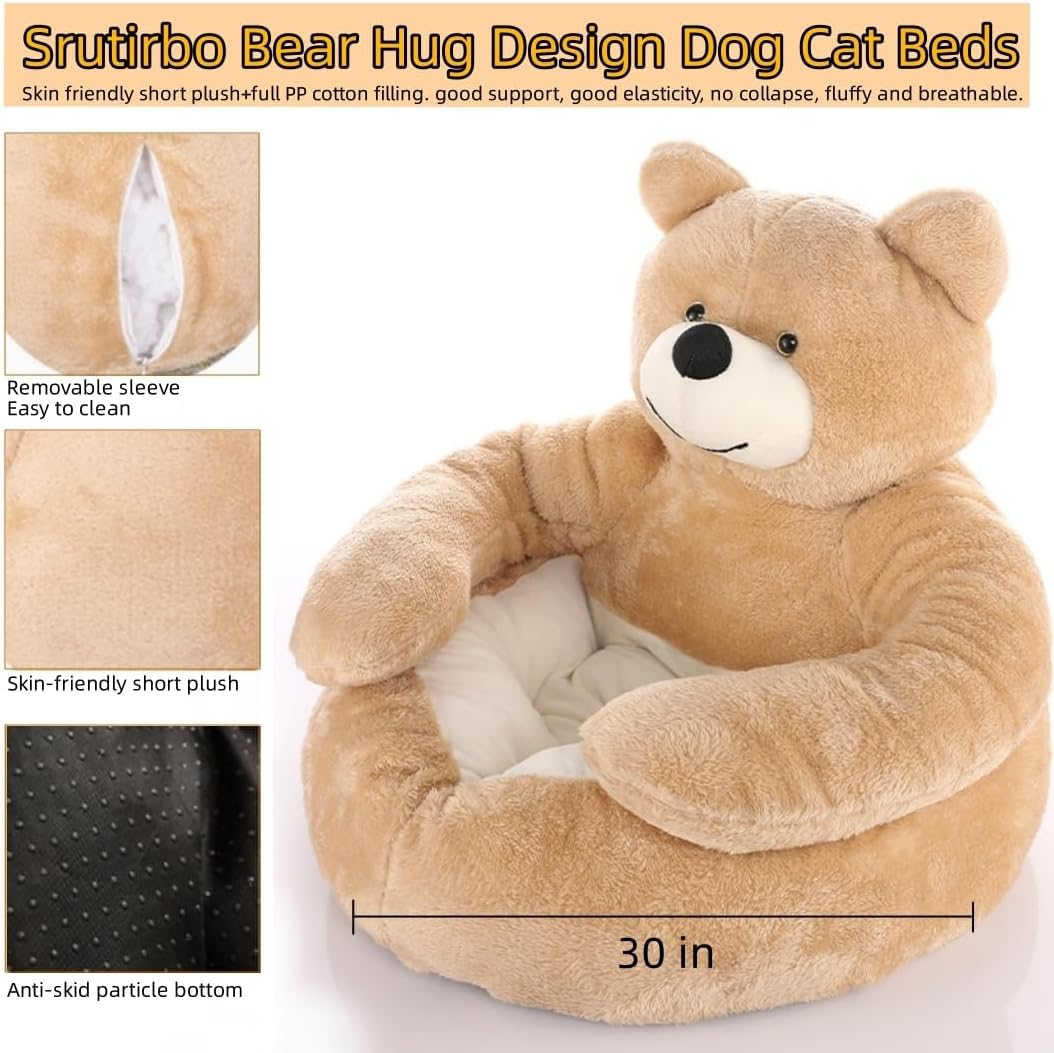 Cute Bear Hug Design 개 고양이 침대 플러시 반려동물 침대 커들러, 따뜻하고 부드러우며 차분한 강아지 침대, 탈착식 세탁 가능한 커버 미끄럼 방지 바닥 (지름 76.2cm(30인치), 카키)