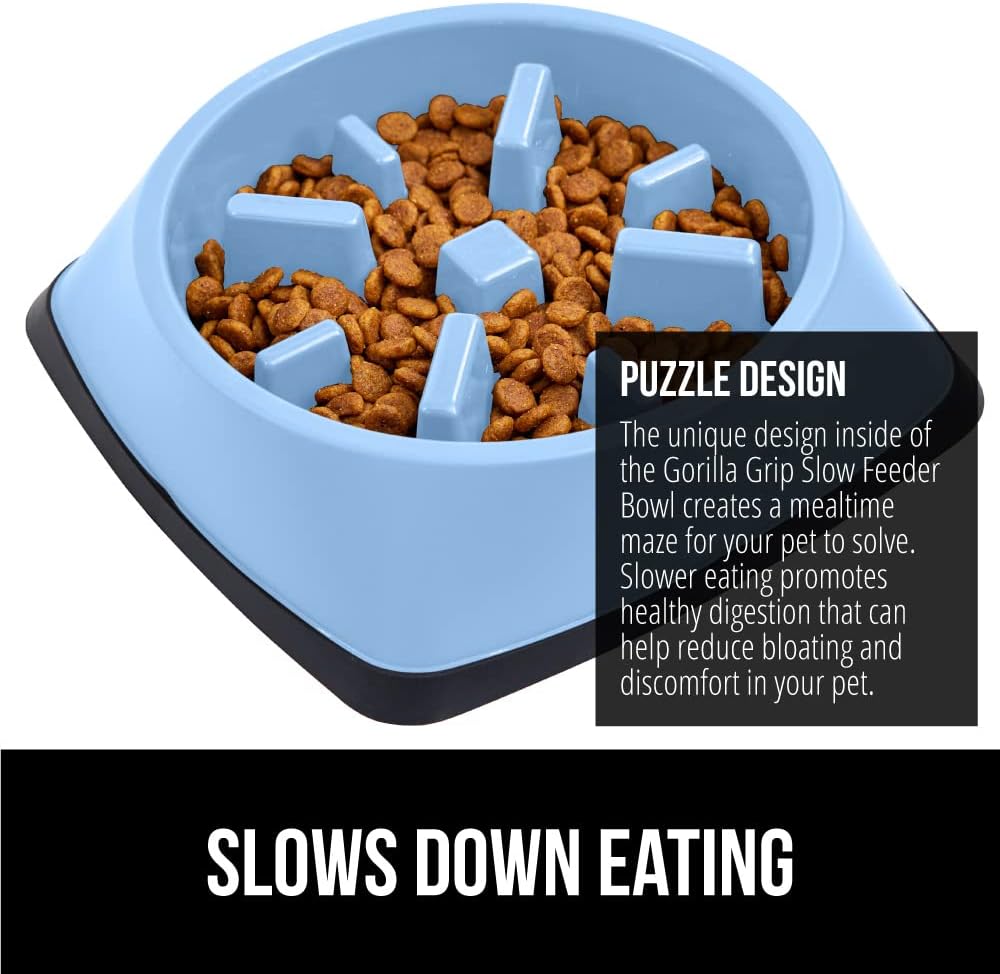 Gorilla Grip Slow Feeder Dog Bowl and Pet Feeding Mat, 4 Cups Dogs Pet Bowls Slip Resistant, Dog Food Mats Size 18.5x11.5 Waterproof Placemats, Both in Light Blue Color, 2 Item Bundle
