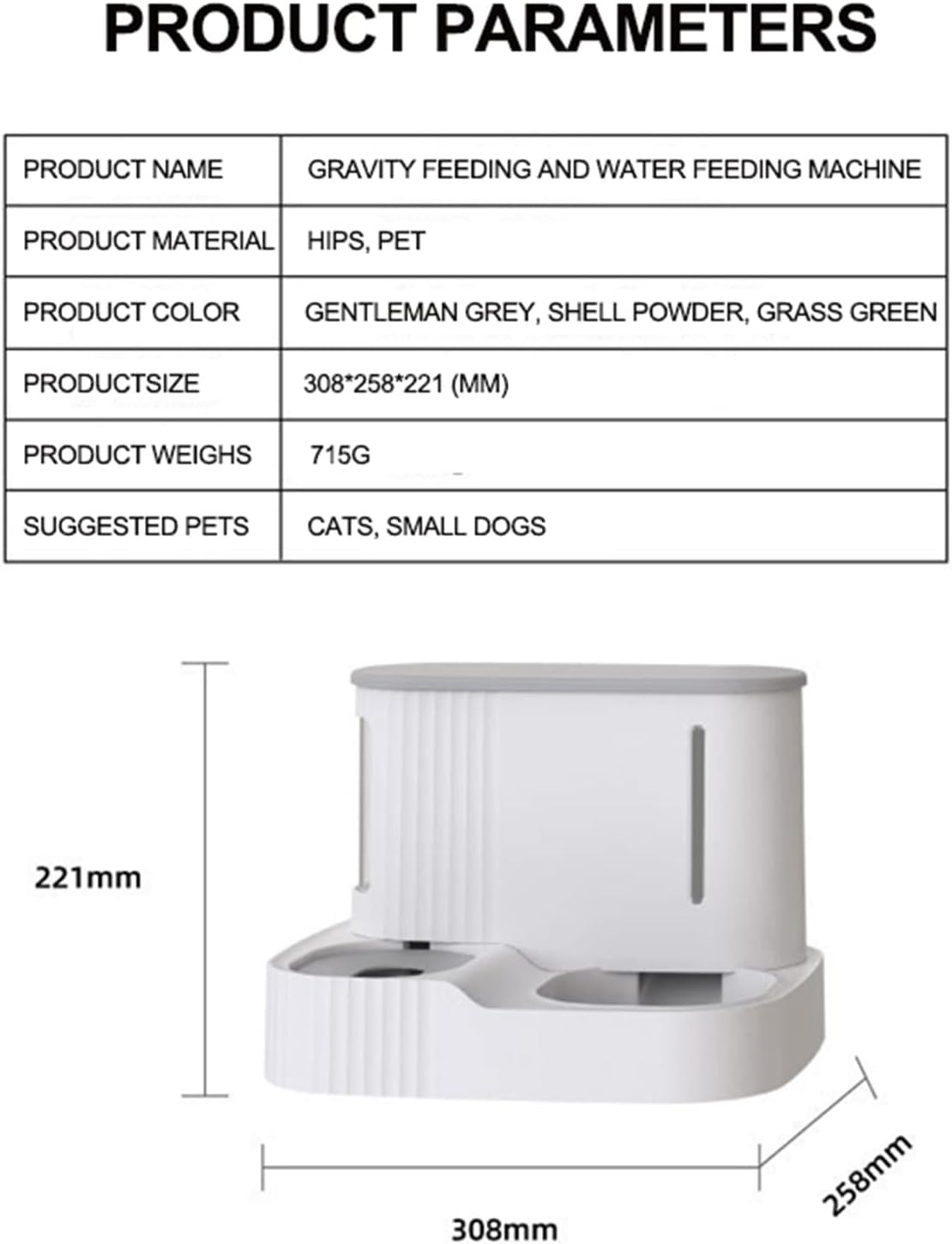 2 in 1 Automatic Gravity Cat Feeder, Dog Food and Water Dispenser Large Capacity, Cat Water Fountain for Small Medium Cats, Dogs, Puppies and Rabbits,Gray