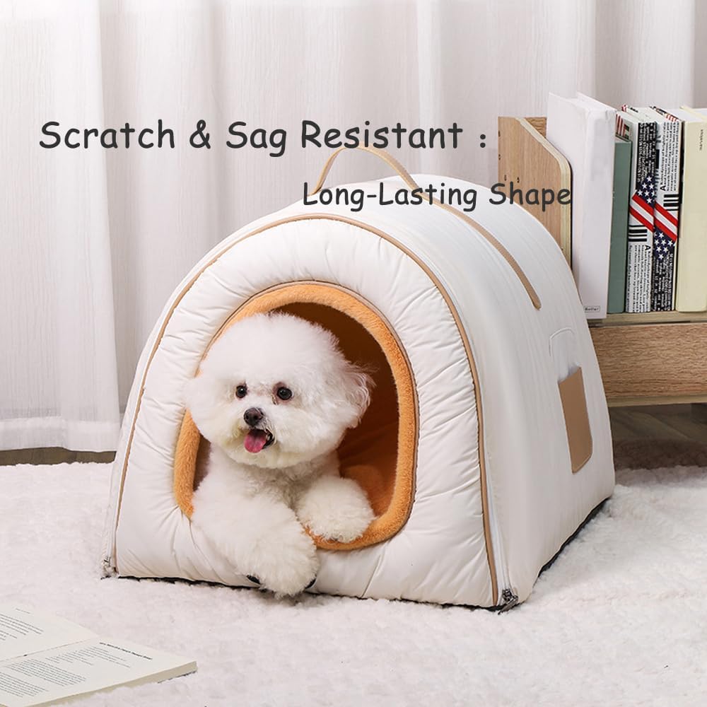 Pet Bed with Removable Cover Dog House Square Design Suitable for Dogs up to 16 lbs and Cats up to 22 lbs (Khaki, Medium)
