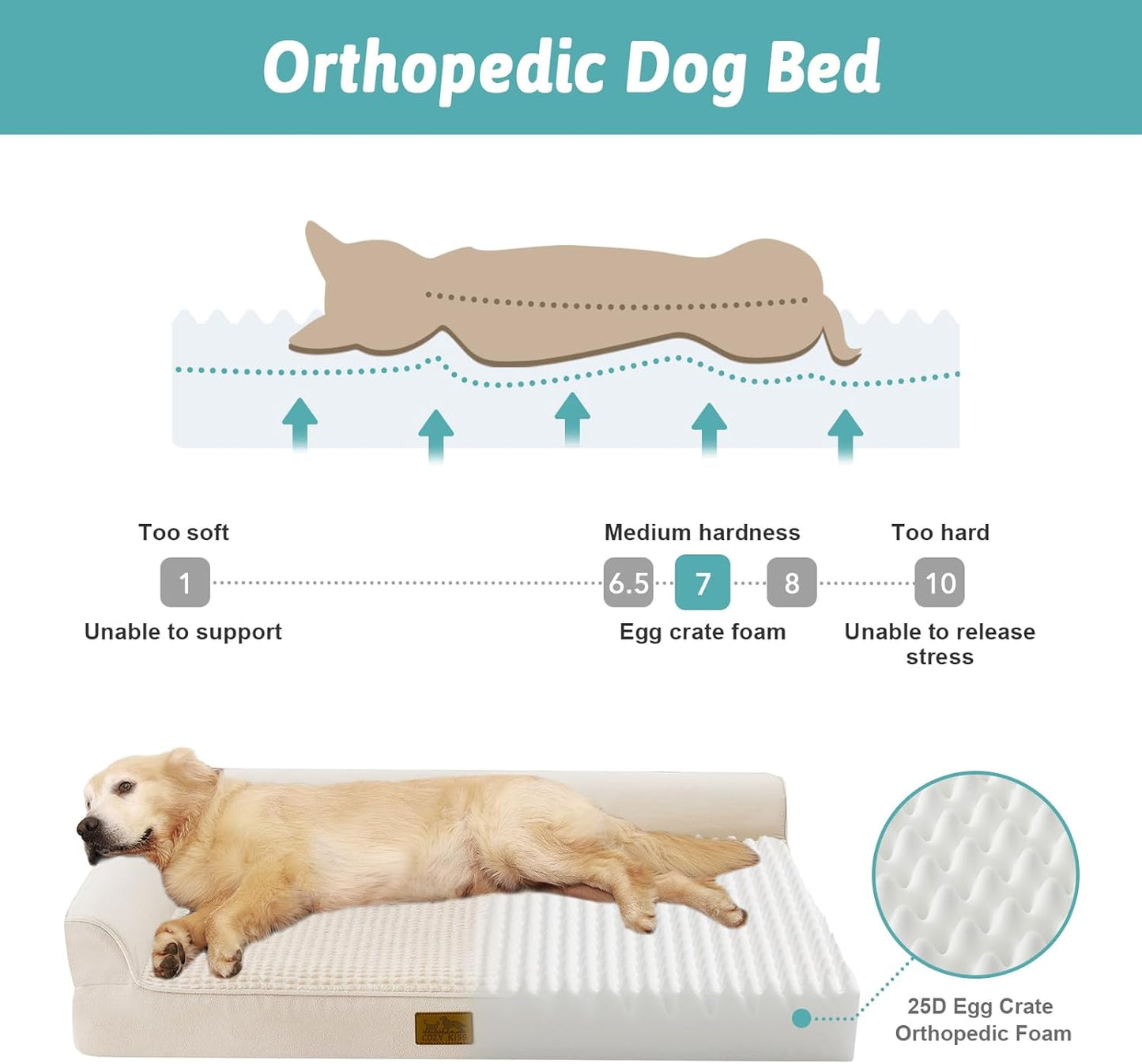 Orthopedic Dog Bed for Large Medium Size Dog, Dogs Crate Bed, L Shaped Foam Anti-Slip Bottom Pet Cat Sofa with Washable Removable Cover, Suitable for Pet Up to 75 lbs, 36x27x6.5 inch, Beige