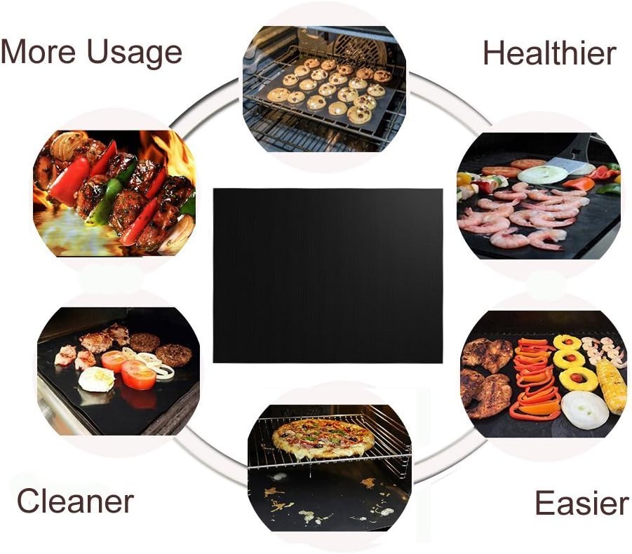 RENOOK Grill Mat Set of 6-100% Non-Stick Reusable Mats for Gas, Charcoal or Electric Grills - Easy to Clean - 15.75 x 13-Inch, Black