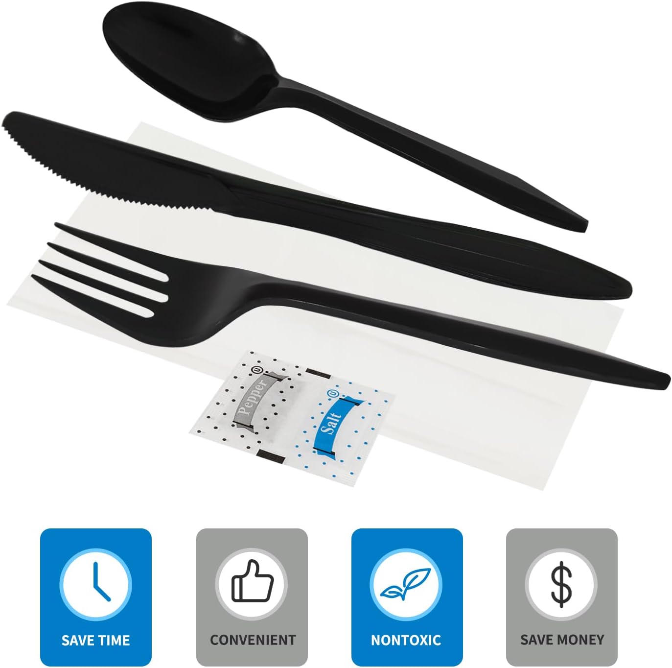 500 Pack Knife Fork Spoon Napkin Salt Pepper Sets, Individually Wrapped Black Plastic Cutlery Packets for Delivery, Cafeterias, Restaurants