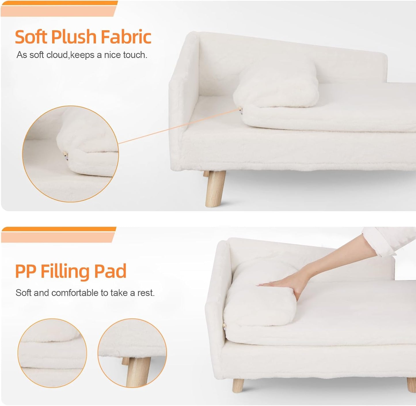 Elevated Cat Couch Sofa: Wooden Cat Bed Dog Chair with Bolster Cushion for Small Dogs Cute Pet Chaise Soft Cushion Fluffy Washable for Puppy
