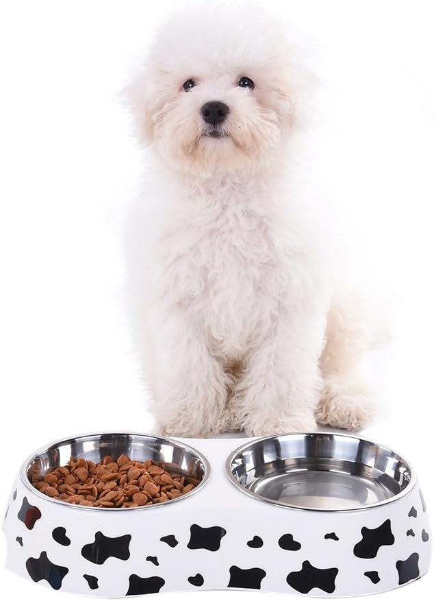 Pet Double Bowl Stainless Steel-Cow Type Pet Elevated Feeder Bowl for Dogs Cats (M (10 * 4.8 * 1.6 in))