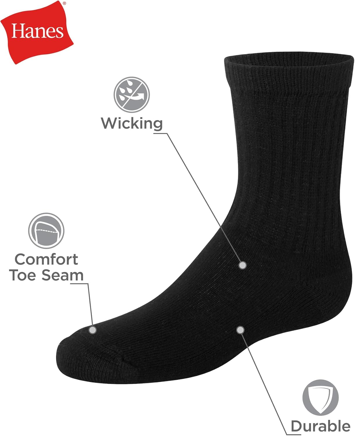 Hanes Boys' Uniform Crew Socks, Moisture-wicking Socks, Cushioned Foot Bottoms, 10-pairs