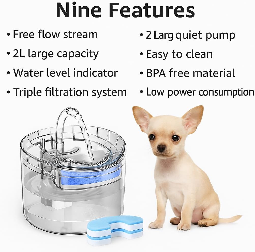 Pet Water Fountain for Cats and Dogs, 2.0L Transparent Automatic Water Dispenser with 3 Filters Included (Extra 2 Bonus Filters) – Quiet Pump – Model WF060