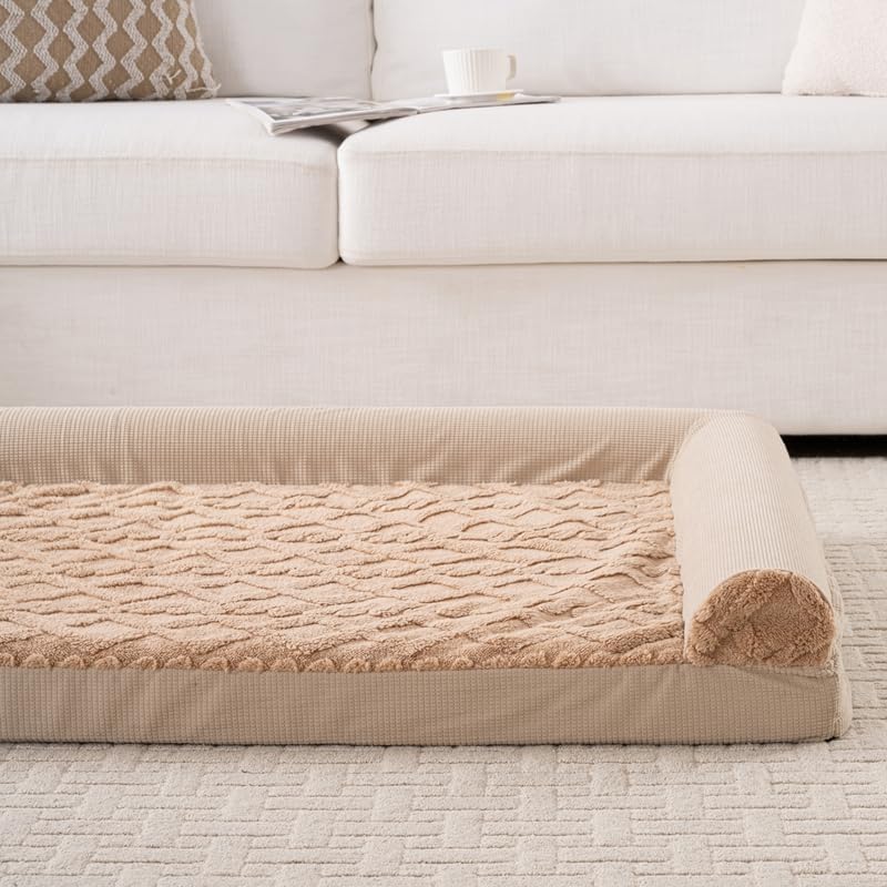 Orthopedic Dog Bed, L-Shaped Brown Plush Sofa with Bolster, Memory Foam Pet Bed, Machine Washable Cover, for Small Dog Sizes 35" L x 25" W x 6.5" H