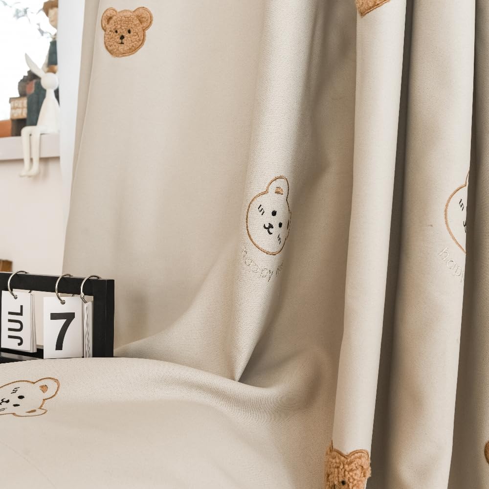 Cartoon Bears Kids Blackout Curtains for Babys Bedoom Living Room Grommet Top Beige Embroidery 3D Bear Darkening Curtain for Nursery Baby Room 1 Panel (W52 L84 inch,Beige)