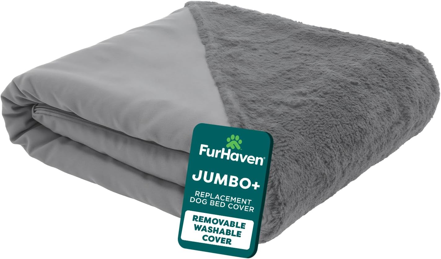 FurHaven Replacement Dog Bed Cover, Sofa-Style Design with Ultra-Plush Sleep Surface for Protecting Pet Mattresses, Zippered & Machine Washable, Jumbo Plus XXL, Plush & Suede, Gray