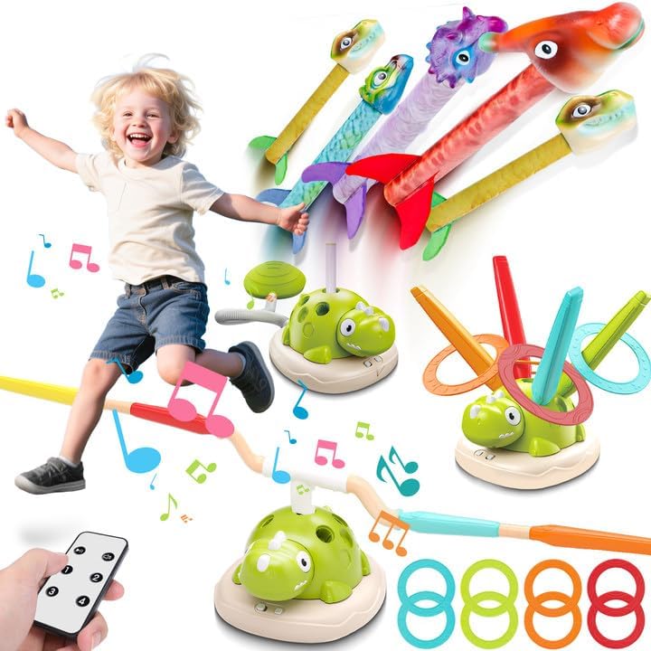 Aliex 3 in 1 Dinosaur Musical Jumping, Toss Ring and Stomping Launch Rocket Launcher, Indoor & Outdoor Sports Toys with Remote Control for Kids Ages 3-8 4-6,Active Outside Toy Gift for Boys and Girls