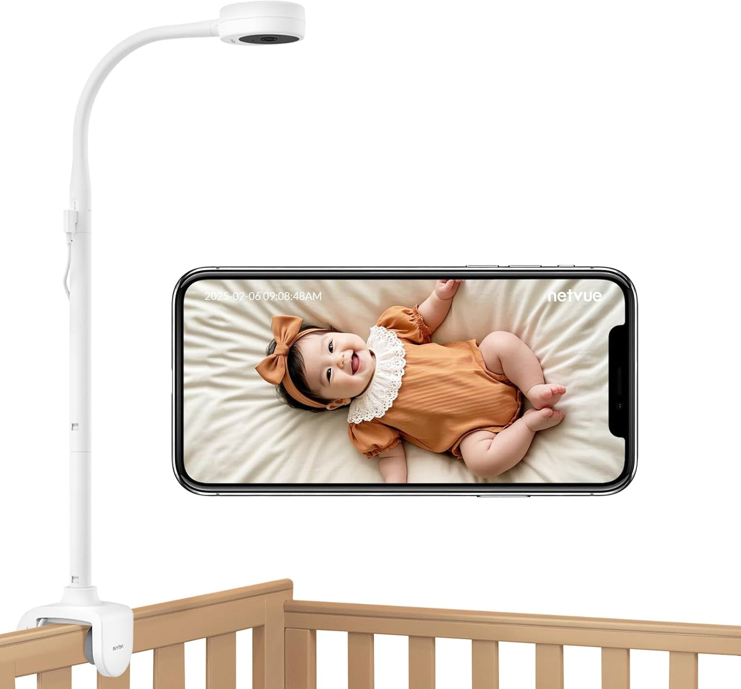 NETVUE Peekababy Baby Camera with Wireless Audio, Adjustable Crib Mount Monitor, Works via 2.4GHz Wi-Fi for Wide Coverage & Stable Connection, Smart App, Two-Way Talk, No Screen (White)