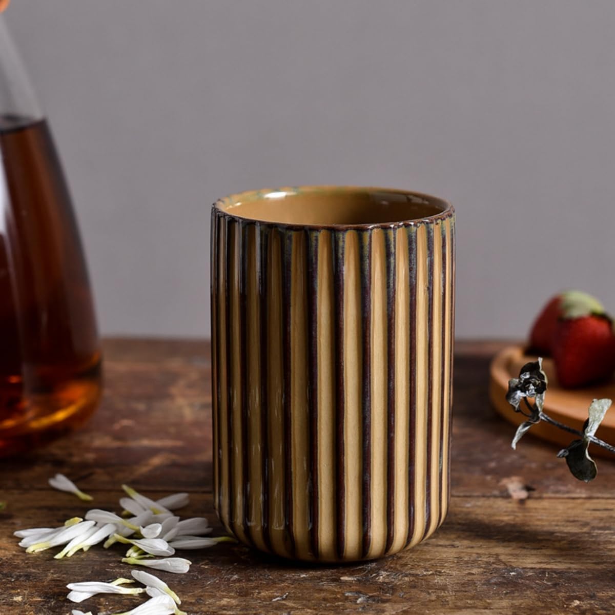 Stoneware Coffee Bar Utensil Holder Tea & Coffee Spoon & Stirrer Holder for Stir Stick Straw Teaspoon Holder Spoon Cup Small Utensil Jar Fluted Vertical Stripe (Rustic Brown)