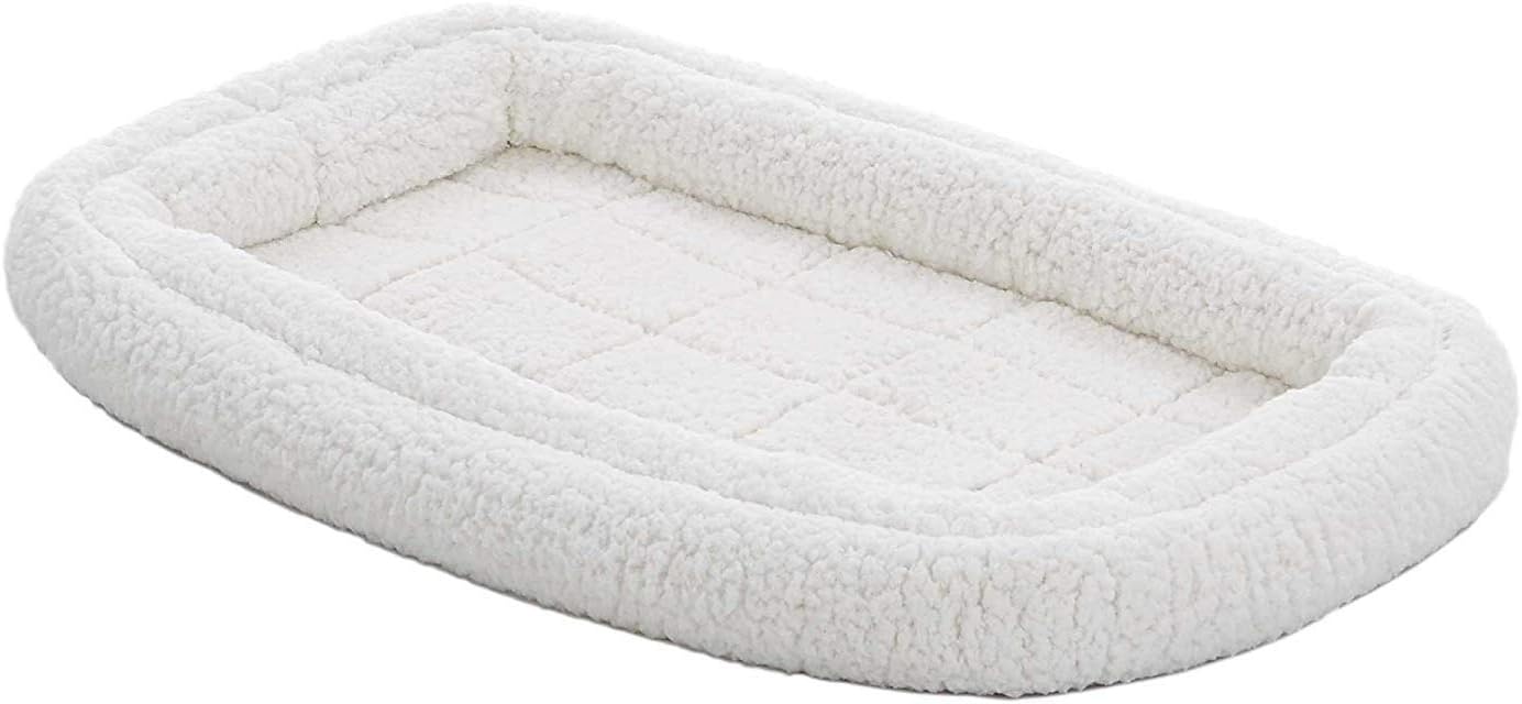 MidWest Homes for Pets Large QuietTime Double Bolster Pet Bed, White Plush 42-Inch Crate Mat with Stacked Bolsters, Machine Washable, Secure Fit with Elastic Straps