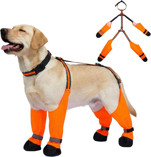 Stay-On Dog Suspender Boots for Rain, Snow & Mud, – Reflective & Waterproof Paw Protectors, Adjustable Non-Slip Dirt-Proof Winter Shoes for Walking, Hiking, Running, Orange, Size XL