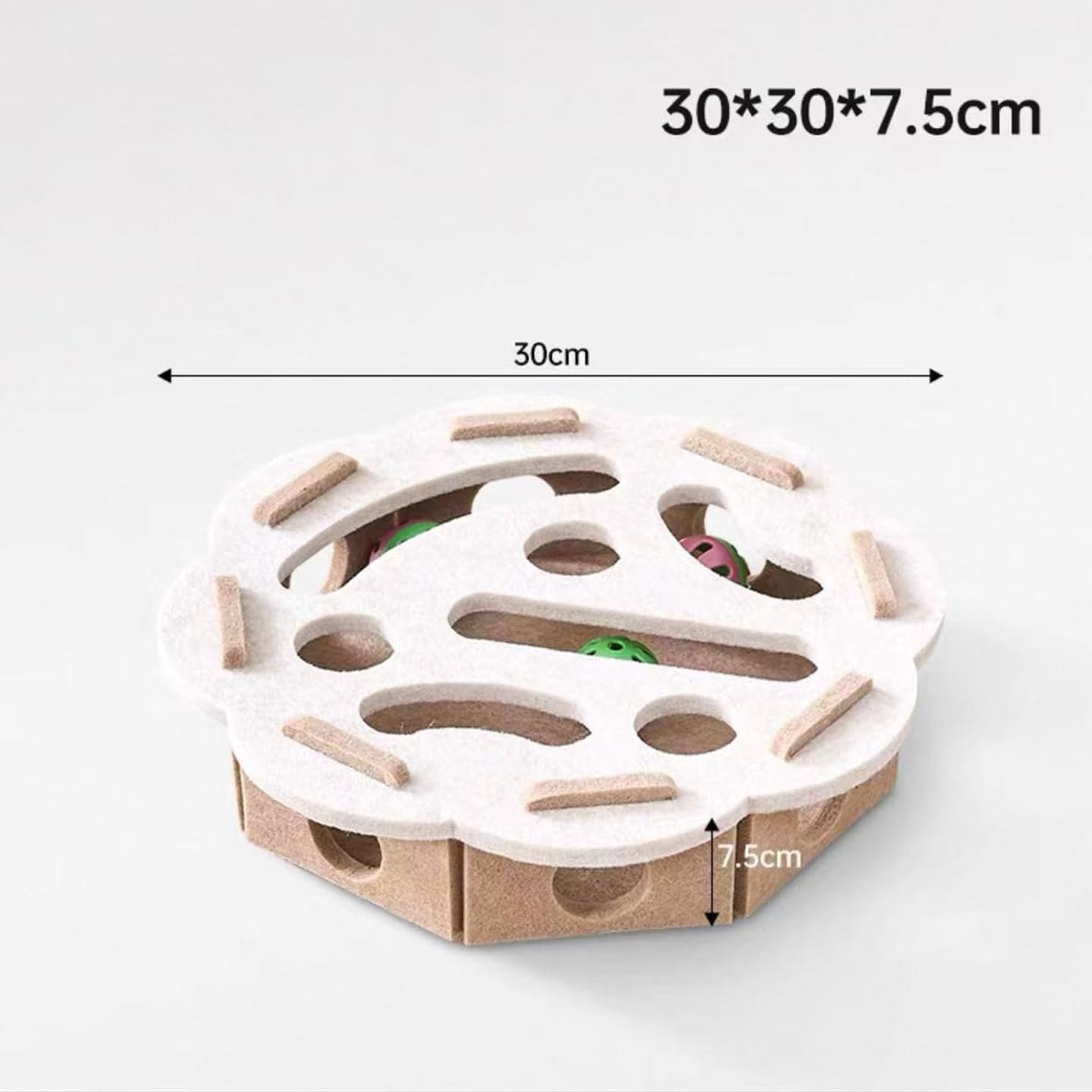 Interactive Cat Toy Box with 3 Jingle Balls – Felt Puzzle Feeder Maze for Cats, Educational Slow Feeder Toy, Indoor Cat Entertainment, 30cm Round Smart Cat Play Box (Camel White)