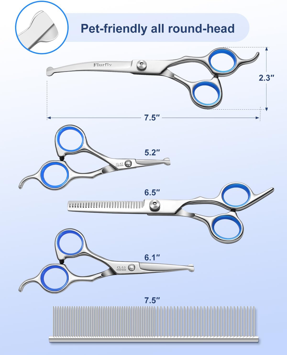 6-in-1 Dog Grooming Scissors - Professional Stainless Steel Hair Cutting Kit with Safety Rounded Tips, Ergonomic Soft-Grip Handles for Small & Large Dogs, Cats