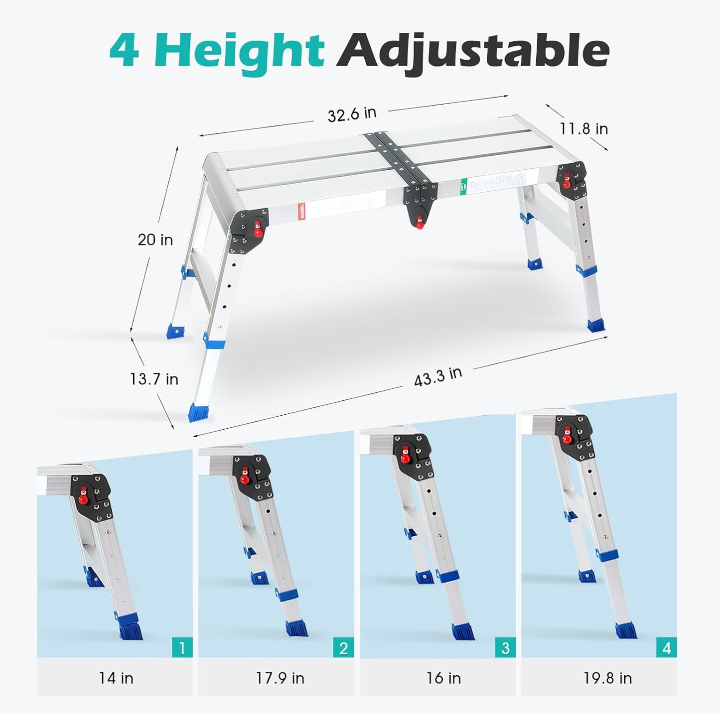 LEADALLWAY Work Platform Height Adjustment 33"(L) x12(W) x20(H) Step Stool Aluminum Platform Ladder with One-Touch Automatic Fold 330 Lbs Capacity