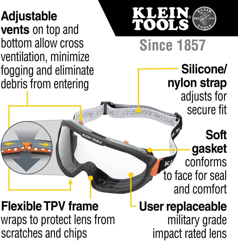 Klein Tools 60479 Safety Goggles, Clear Lens PPE Eye Protection, Anti-Fog, Scratch-Resistant, UV Protection, Adjustable Vents