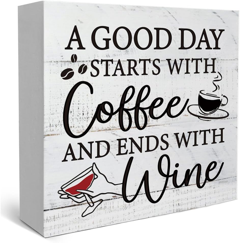 Funny Rustic Wooden Sign Coffee And Wine Desk Decor Sign, A Good Day Starts with Coffee and Ends with Wine Signs for Farmhouse Home Kitchen Office Bar Tabletop Desk, Wooden Accessories for Family Friend Coworker
