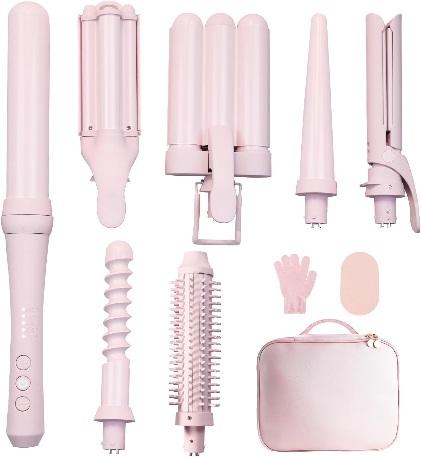 Curling Iron Set 7-in-1, Multi Curler Wand Set with 5 Interchangeable Barrels(0.6"-1.25"), Crimper Styling Tools, Heated Round Brush, Hair Straightener, Ceramic Coating with Pink Gift Package