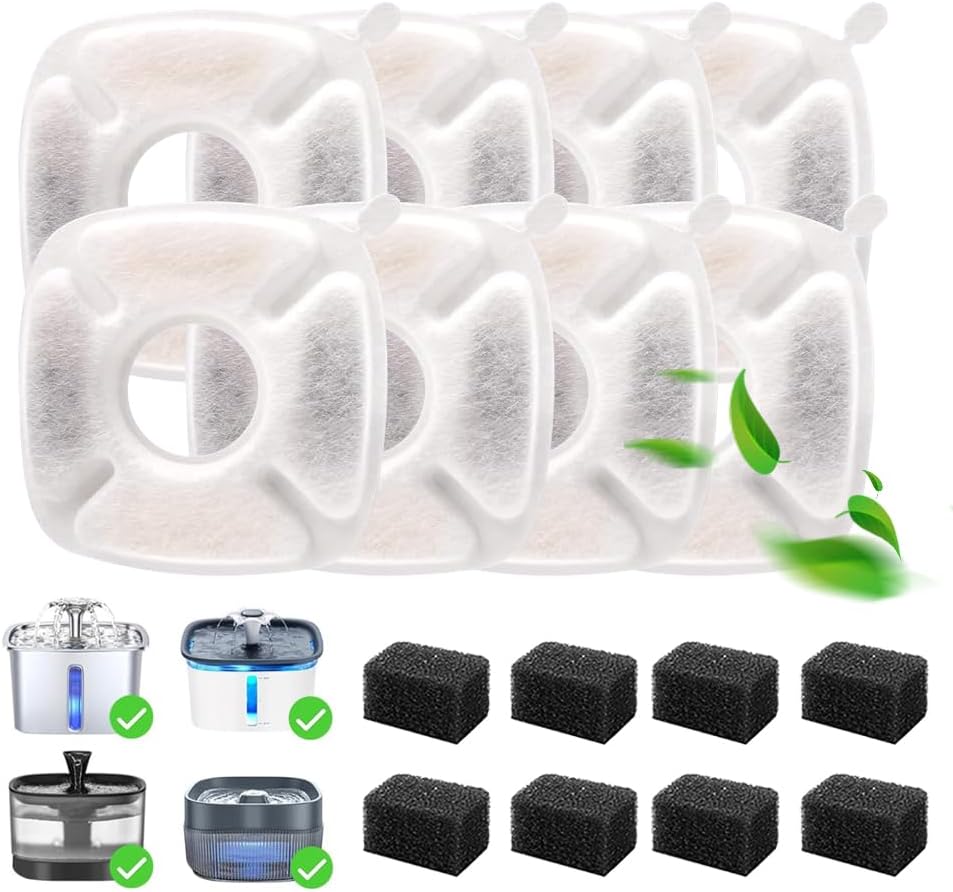 16 Pcs Cat Fountain Replacement Filters,8 Pack Cat Water Fountain Filters And 8 Pack Pre-Filter Sponges for 67oz, 95oz, 135oz Automatic Pet Fountain Dog Water Fountain