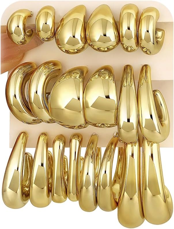 10 Pairs Chunky Gold Earrings for Women, Hypoallergenic Statement Hoops Earring for Multipack, Trendy Gold Chunky Hoop Earrings Jewelry for Gift