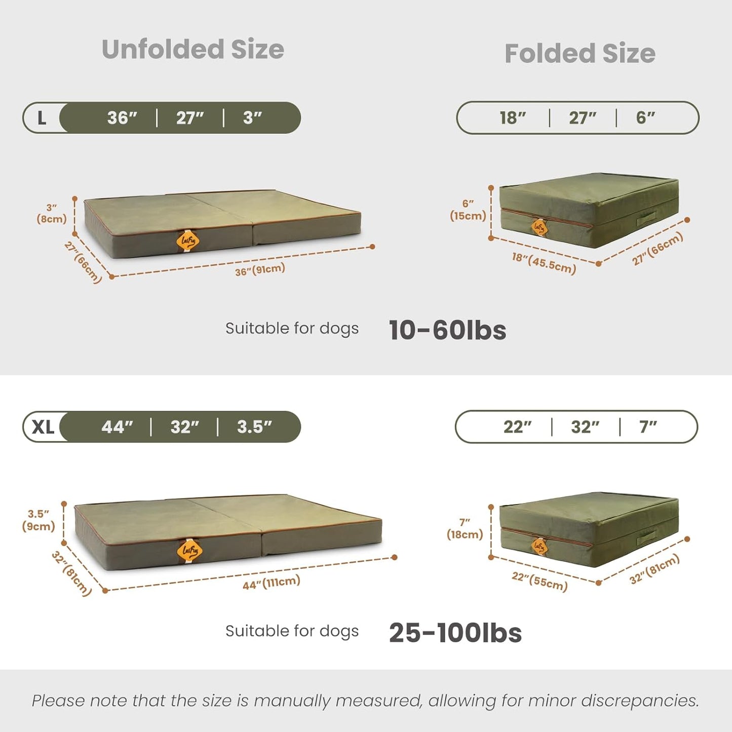 Laifug Foldable Waterproof Dog Bed for Large Dogs - Outdoor Orthopedic Dog Bed with Washable Removable Cover, Pet Mattress with Handles, Army Green, (44 x 32 x 3.5, inches)