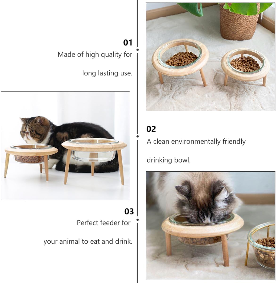 Milisten Glass Raised Pet Bowl with Wooden Stand 17.8cm 800ml Non-Spill Water Feeder and Food Dish for Cats and Dogs Elevated Feeding Supplies