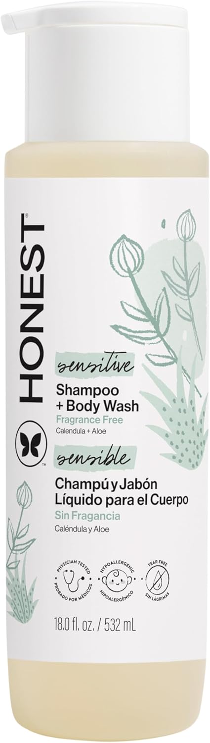 The Honest Company 2-in-1 Baby Shampoo & Body Wash, Fragrance-Free, Gentle, Tear-Free, Hypoallergenic, Naturally Derived, Sensitive Skin, 18 fl oz