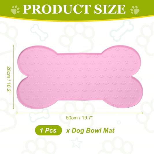 Dog Food Mat, 20x10 Inch Silicone Pet Feeding Mat Non-Slip Bone Shaped Waterproof Dog Water Bowl Tray Raised Edge Protects Floors (Pink), Intended for Pets Bowl/Fountain
