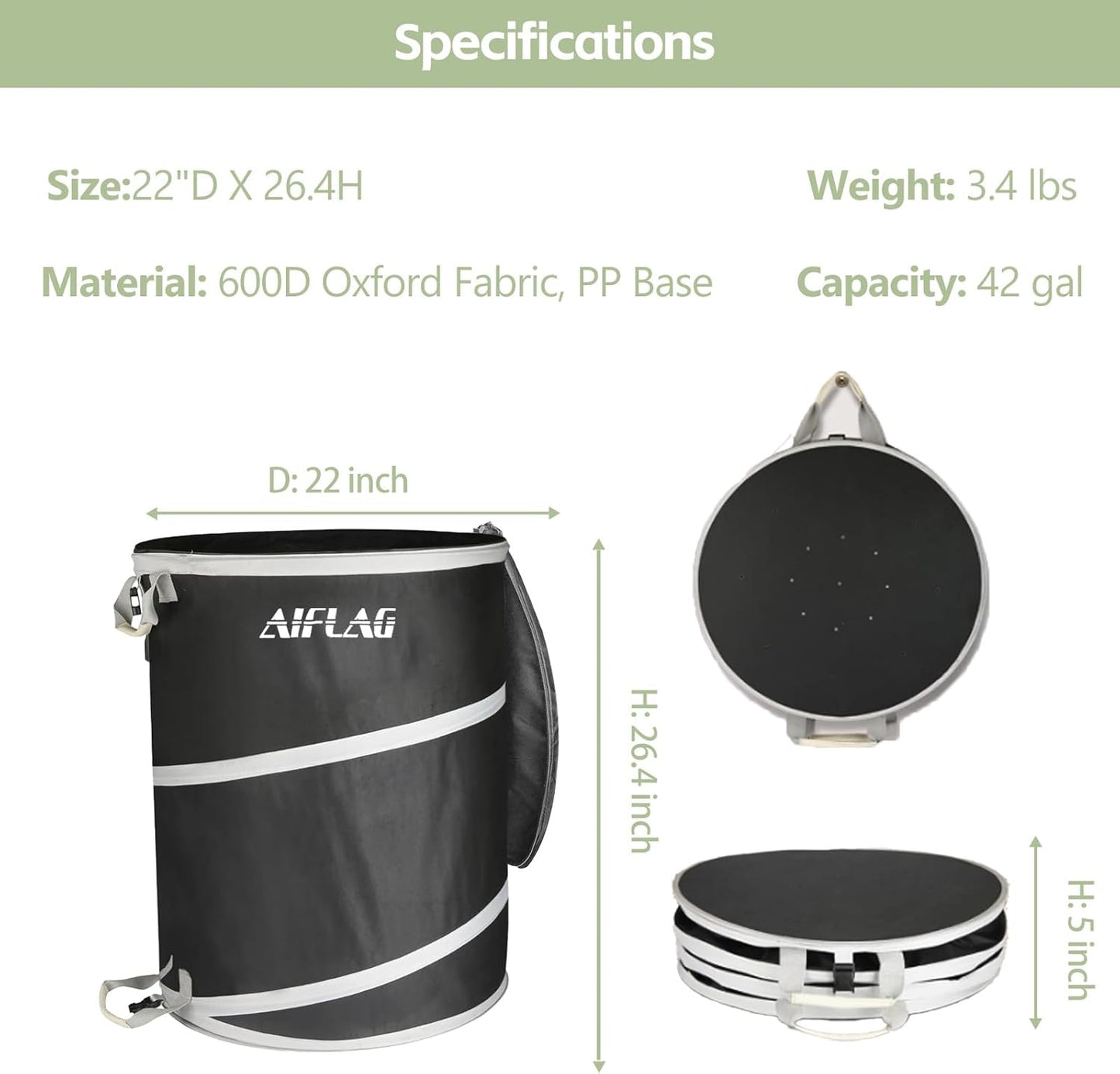 Collapsible Trash Can for Yard Waste & Camping, 42 Gallon Pop-Up Garbage Bag with Hard Bottom & Zipper Lid, Heavy Duty Reusable Outdoor Trash Can for Lawn Care, Garden, RV, Indoor Storage
