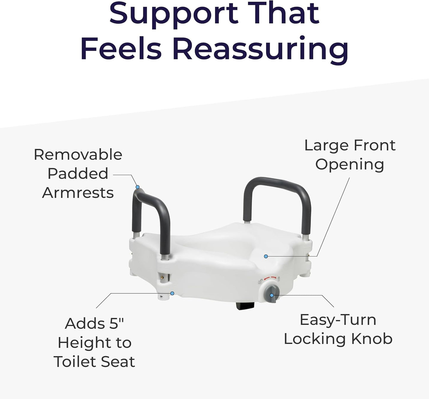 Drive Medical 2-in-1 Raised Toilet Seat with Removable Padded Arms - Elevated Bathroom Safety Support - Secure Locking Attachment - Easy Height Assistance - Durable Construction, Standard Toilets