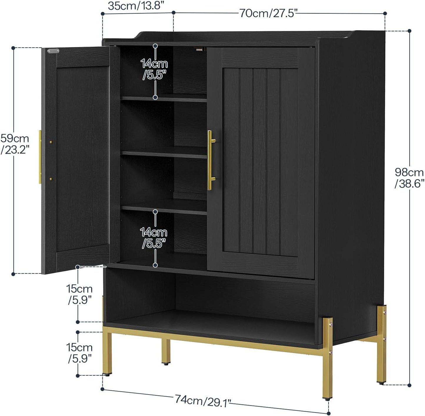 HOOBRO Shoe Cabinet, 5-Tier Shoe Storage Organizer with Doors, Wooden Shoe Cabinet Storage for Entryway, Freestanding Shoe Rack Cabinet with 3 Adjustable Shelves for Hallway, Gold and Black DB41SC01
