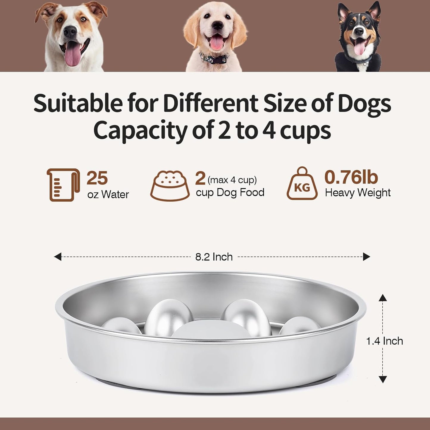 Slow Feeder Dog Bowls Stainless Steel with Non-Slip Silicone Pad Metal Bowl 2 Cups Heavy Duty Large Capacity Slow Feed for Small, Medium, Large Breed Dogs to Slow Down Eating