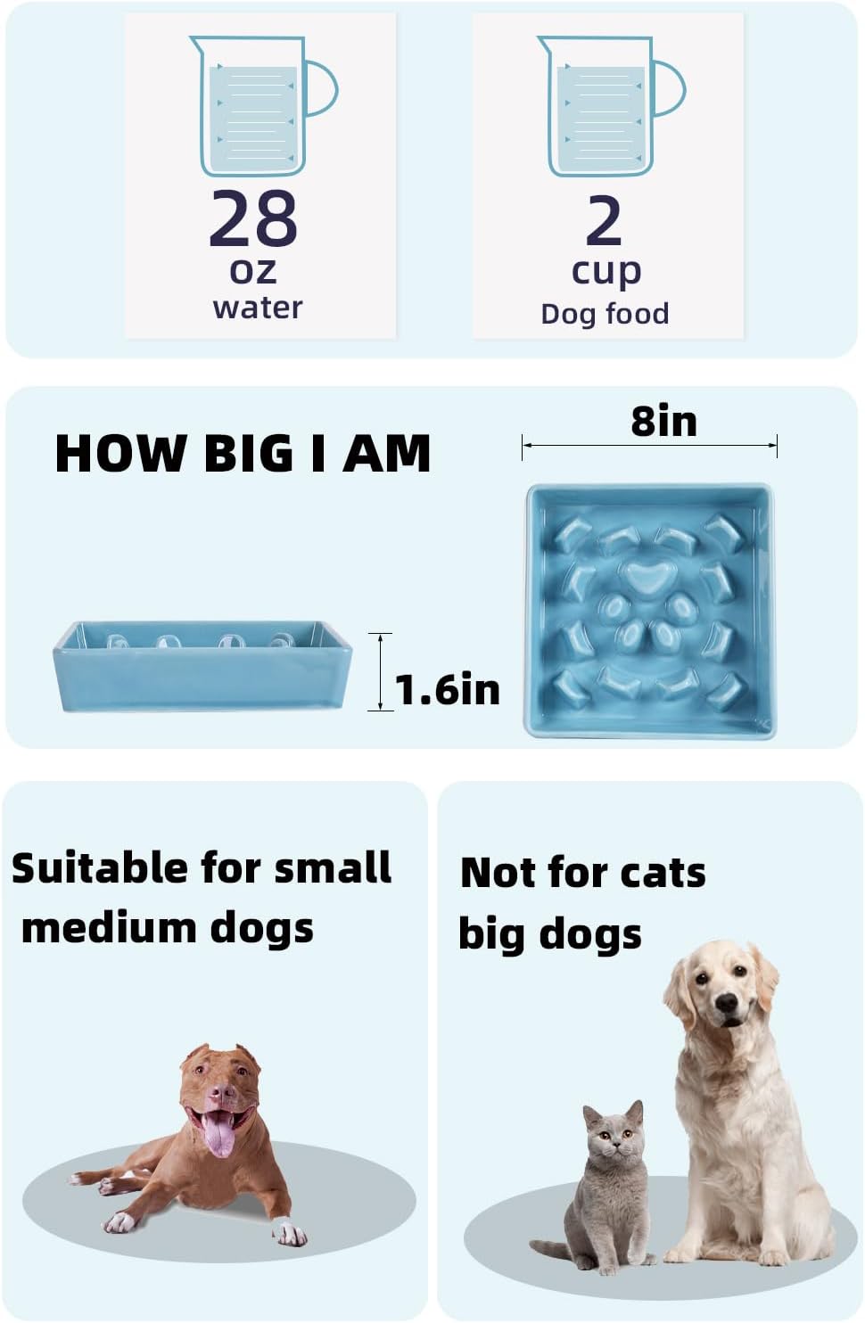 Square Slow Feeder Dog Bowls, Ceramic Fun Slow Eater Bowl for Small Medium Breed (Turquoise)