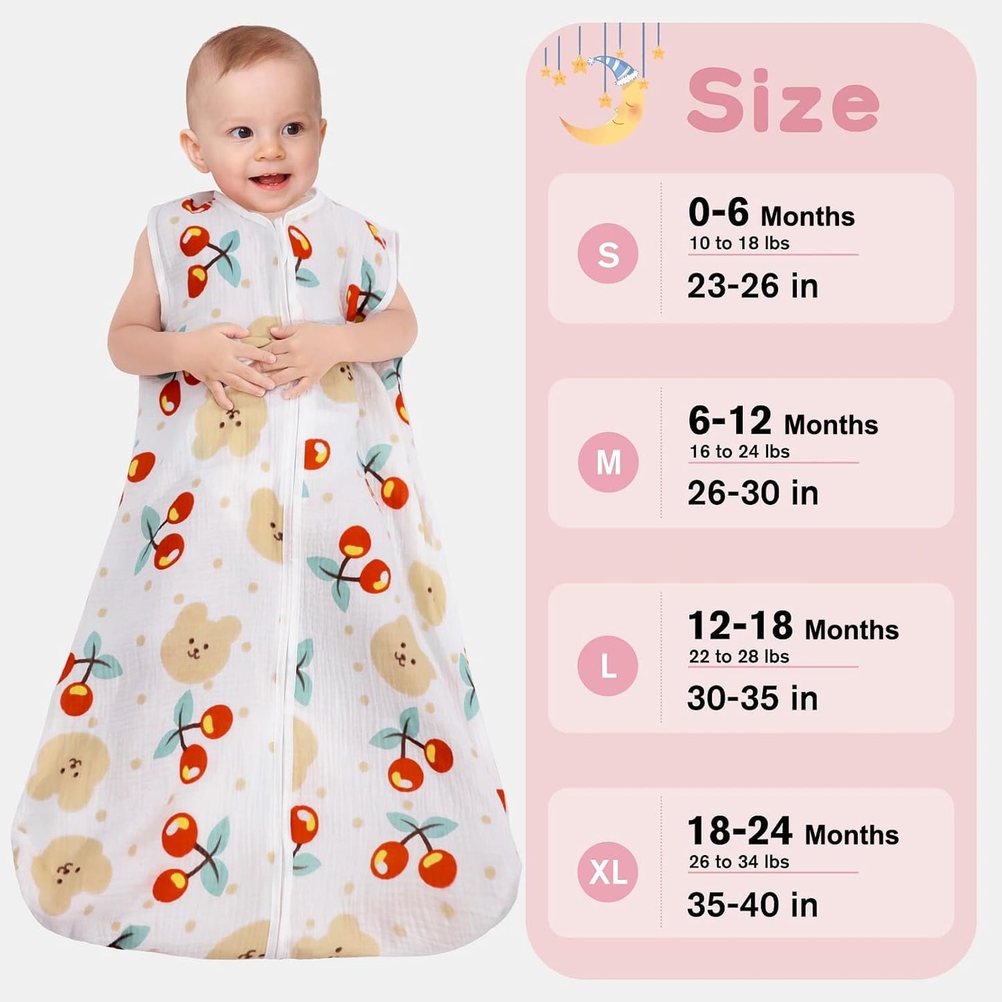 2 Pack Baby Sleep Sack 0-6 Months 100% Cotton Muslin Baby Sleeping Bag 2-Way Zipper Wearable Blankets (Flower & Cherry, Small)