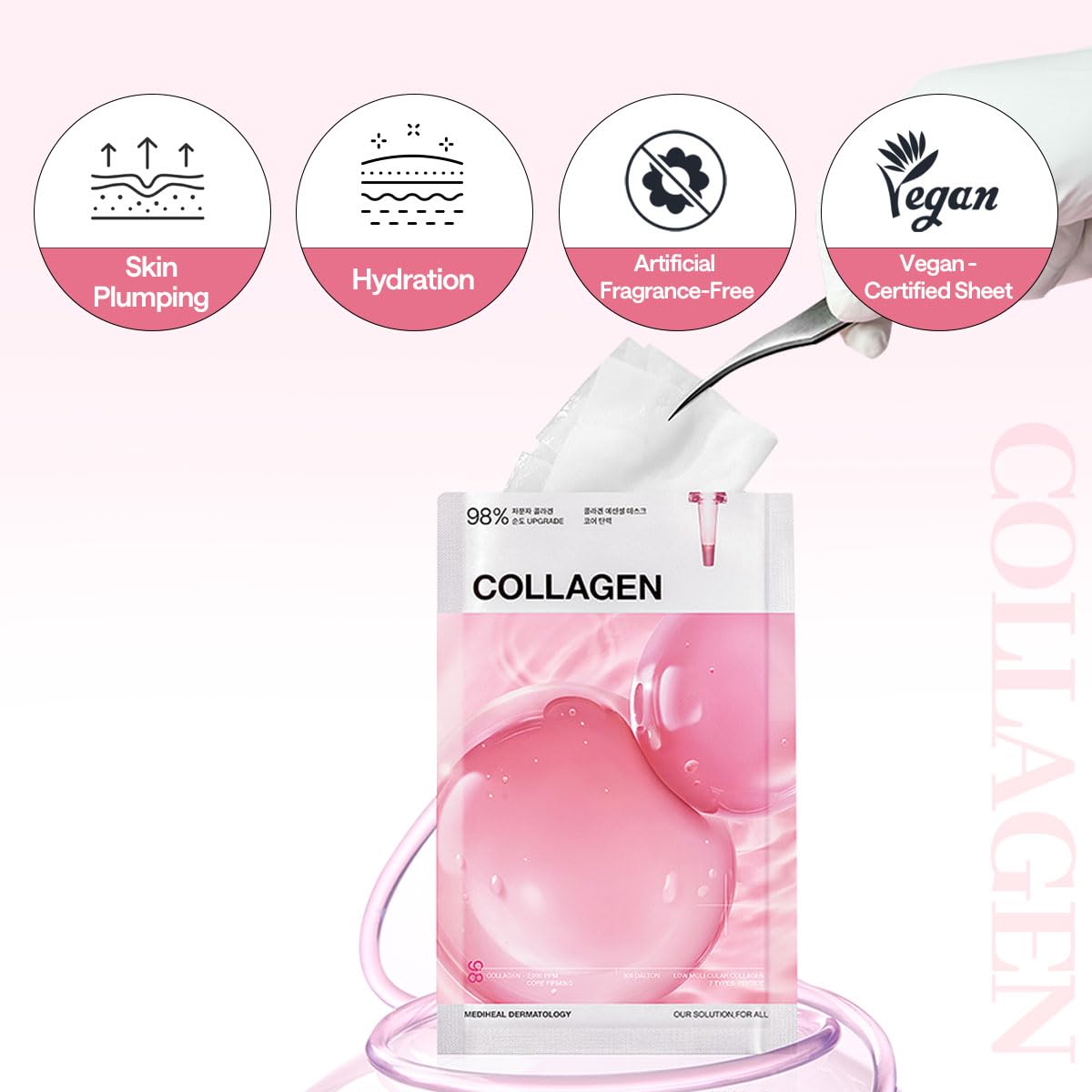 Mediheal Essential Face Mask [Collagen] Core Firming 10 pcs. with 98% Purity Collagen for Plumping Hydration, Glass Skin & Skin Firming - Travel Essentials, Vegan Formula Korean Beauty Sheet Mask
