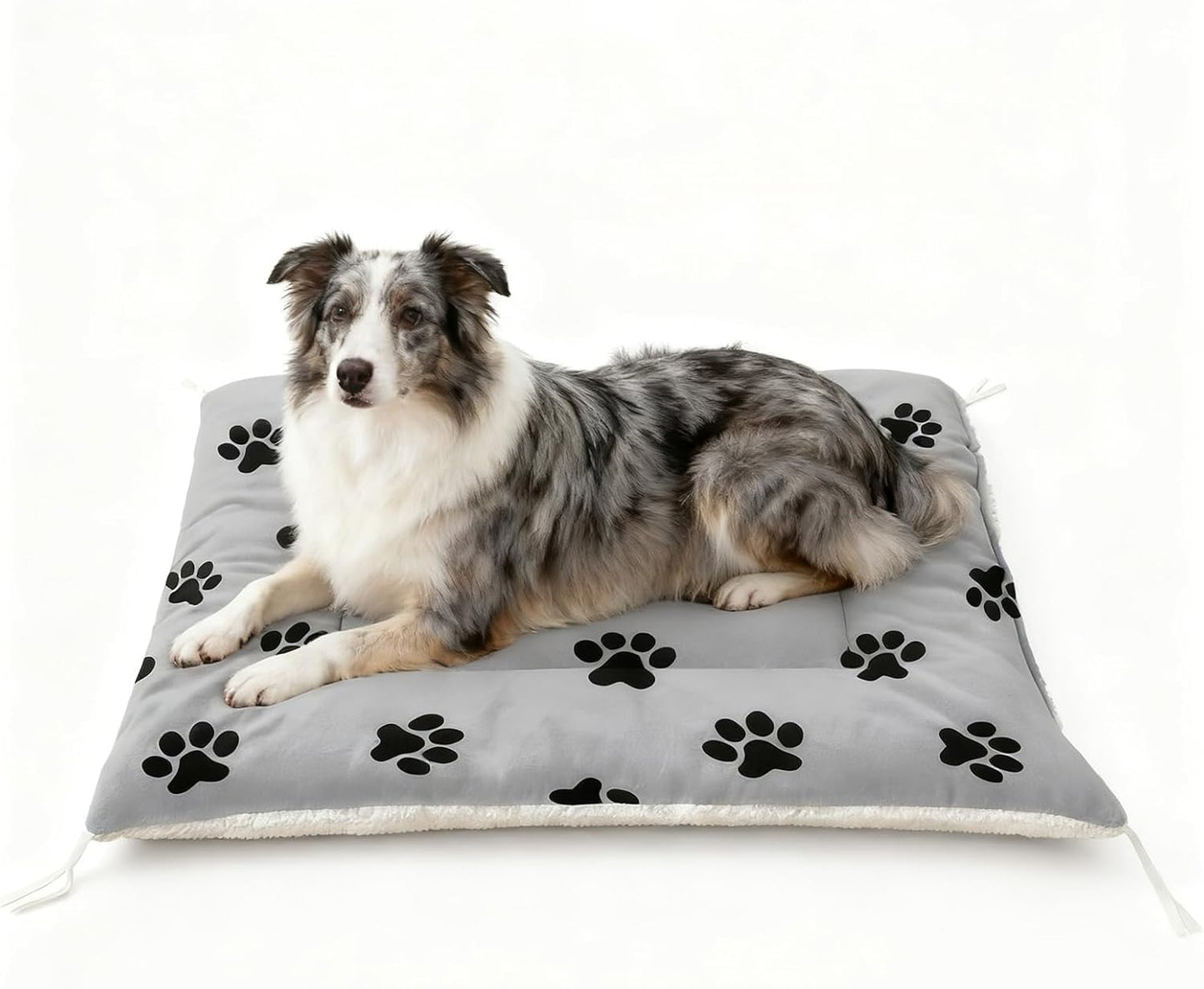 Paw Print Dog Bed Mat - Grey Washable Pet Crate Pad for Dogs & Cats - Soft Fleece Kennel Liner, Home & Travel Cushion (M)