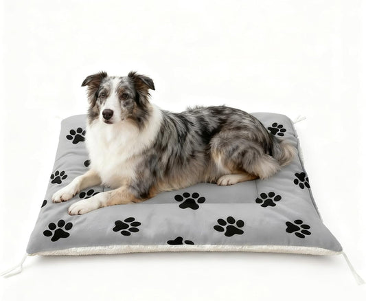 Paw Print Dog Bed Mat - Grey Washable Pet Crate Pad for Dogs & Cats - Soft Fleece Kennel Liner, Home & Travel Cushion (M)