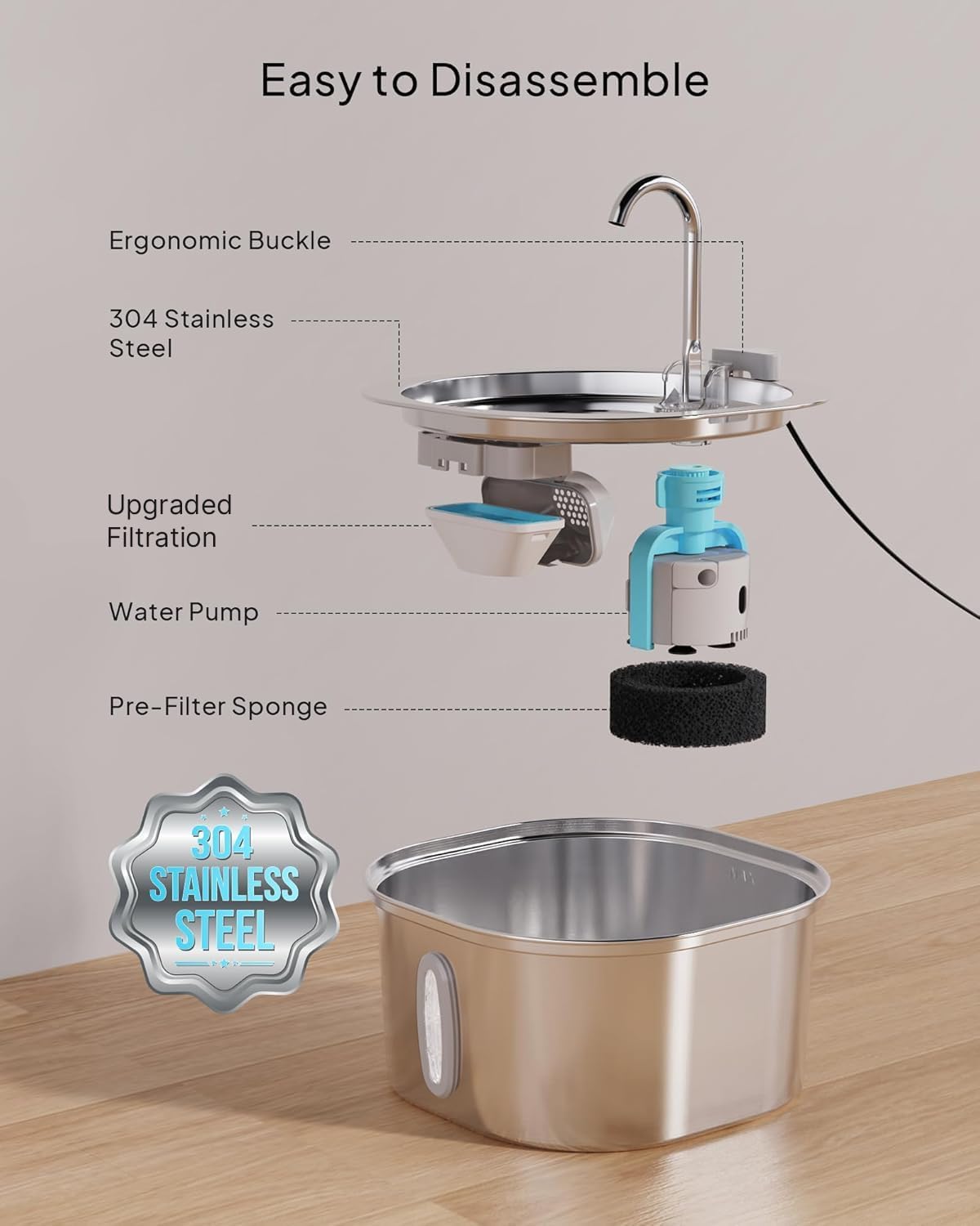 PEKTACO Stainless Steel Cat Water Fountain, 3.2L/108oz Cat Water Dispenser with Quiet Water Pump, Dishwasher Safe Pet Drinking Fountain for Cats