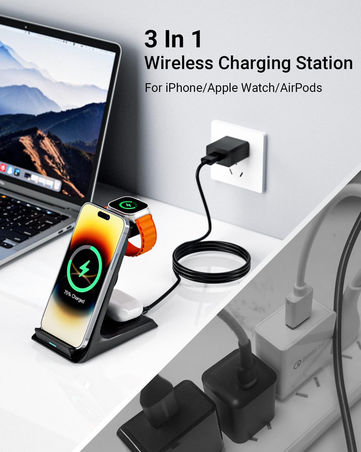Wireless Charger for Thick Cases of 10MM/Otterbox/Heavy Duty, 3 in 1 Charging Dock for iPhone 17 16 15 14 Pro Max, Phone Stand Charging Station for Multiple Devices for Apple Watch/AirPods