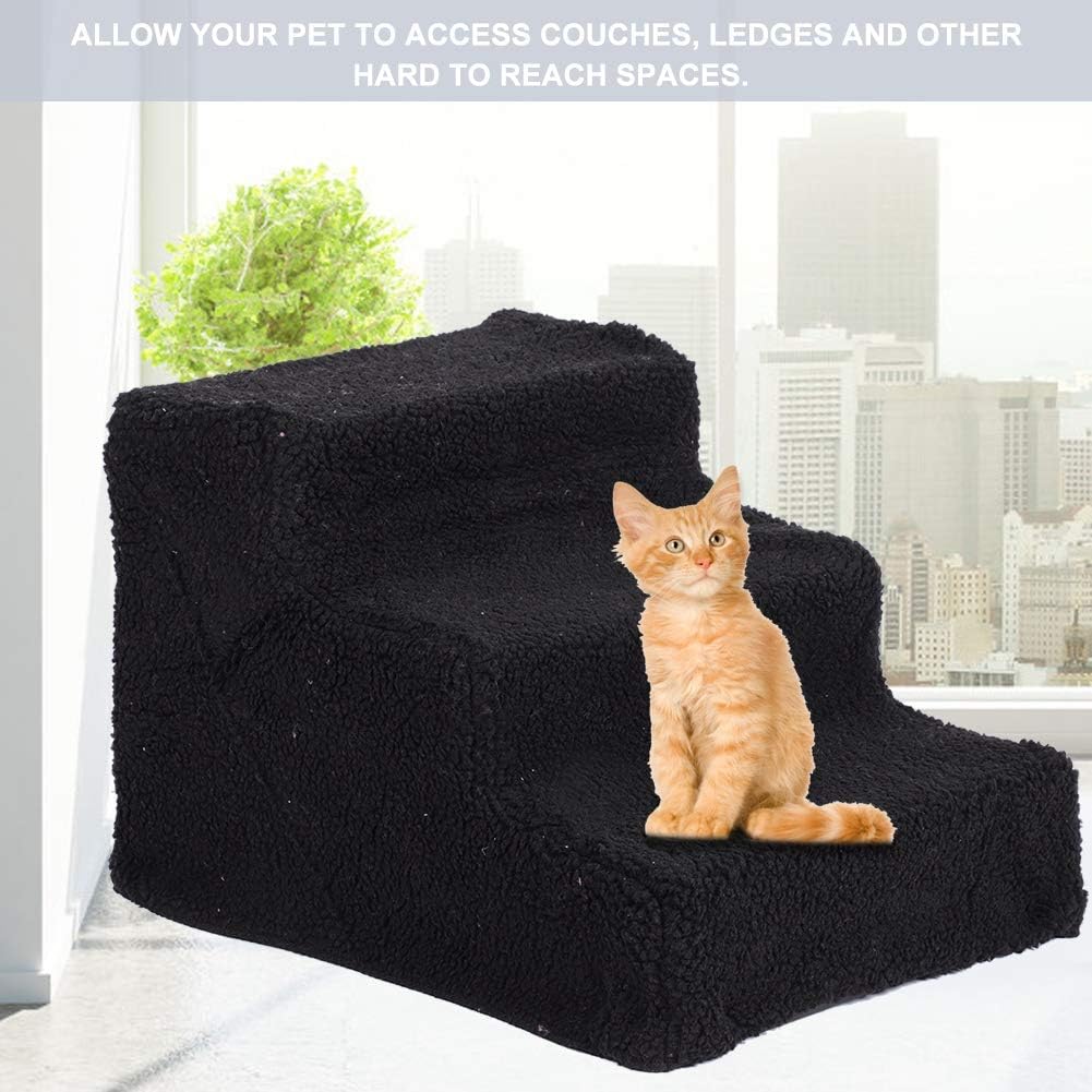 ZJchao Pet Stairs Dog Stairs Pet Ramp Pet Steps Sturdy Durable 3 Steps Ladder for High Bed Sofa with Removable Plush Cover White Beige Black (White)