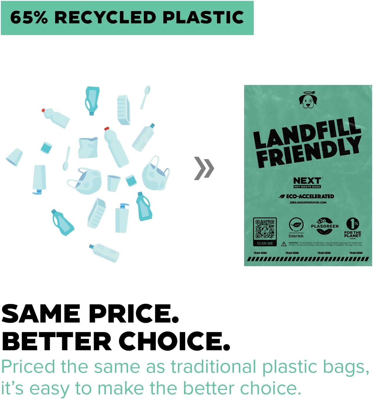Doggy Do Good Next Pet Waste Bags, Landfill Friendly Recycled Plastic Unscented Dog Poop Bags for Dogs, Thick & Leakproof, Strong, Earth Friendly Poop Bags, 300 Count