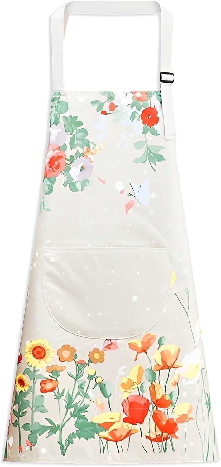Floral Aprons with Pocket Blooming Women Waterproof Apron Adjustable Neck Long Ties Women Men Cook Baking Garden