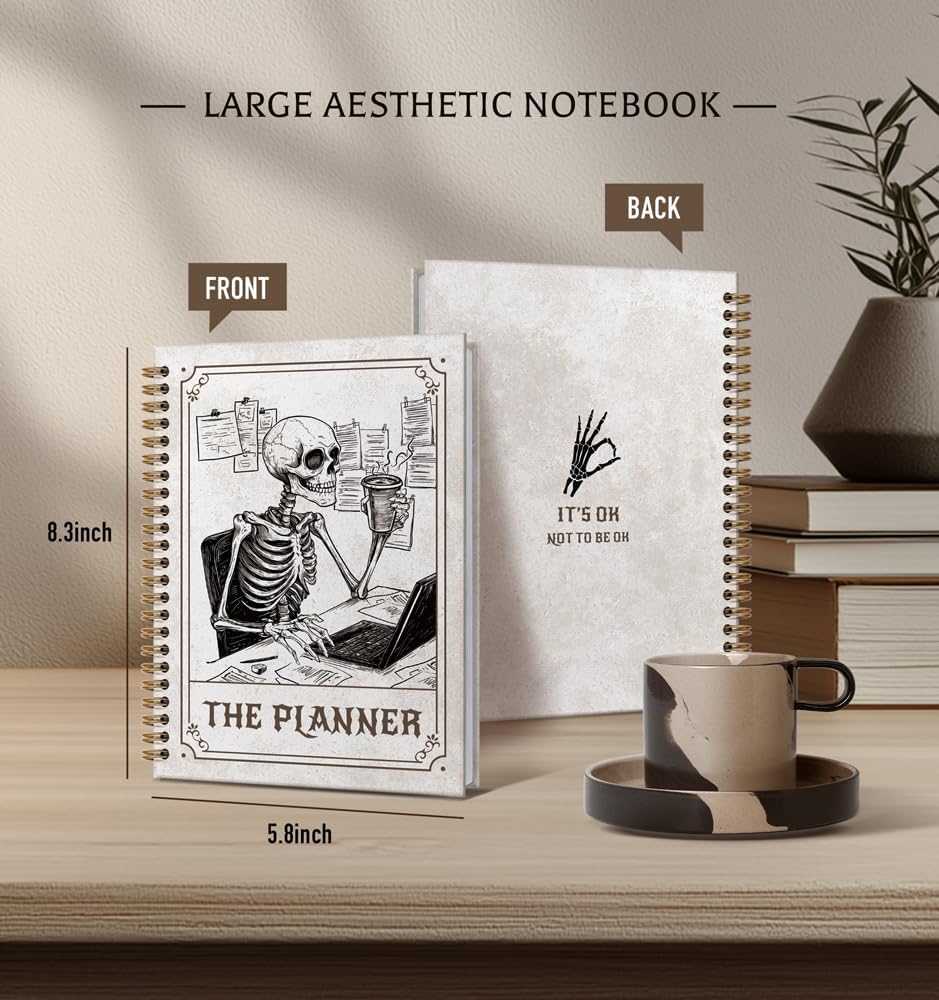 Planner Notebook for Men-CuteTarot Card Notebook Depression Quotes For Women Friends Gifts On Birthday Christmas Mother's Day,Gothic Goth Skull Gold Spiral Bound Hardcover,5.8"x8.3"